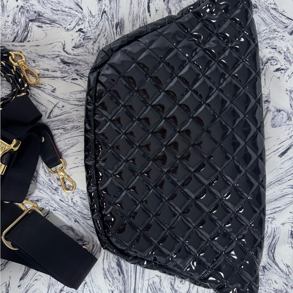 MZ Wallace Black Laquer Quilted Crosby Crossbody Sling  Bag Gold Accent - Picture 7 of 12